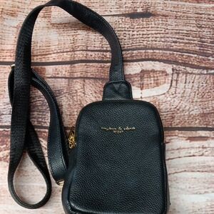 Black Pebbled Leather Crossbody with Gold Details